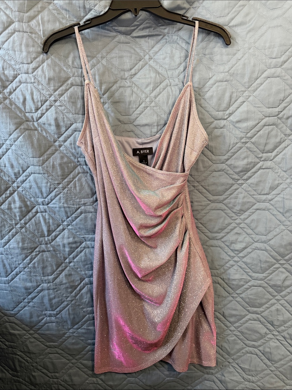 A. Byer Shimmery Iridescent Light Blue Draped Mini Dress HOCO
